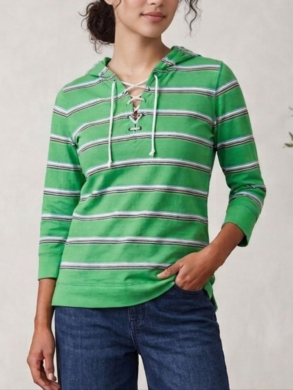 LRL Henley Stripe Green Polo Top